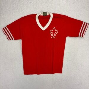 Vintage Boy Scouts of America BSA Jerzees Russell Red V-Neck T-Shirt Youth Large